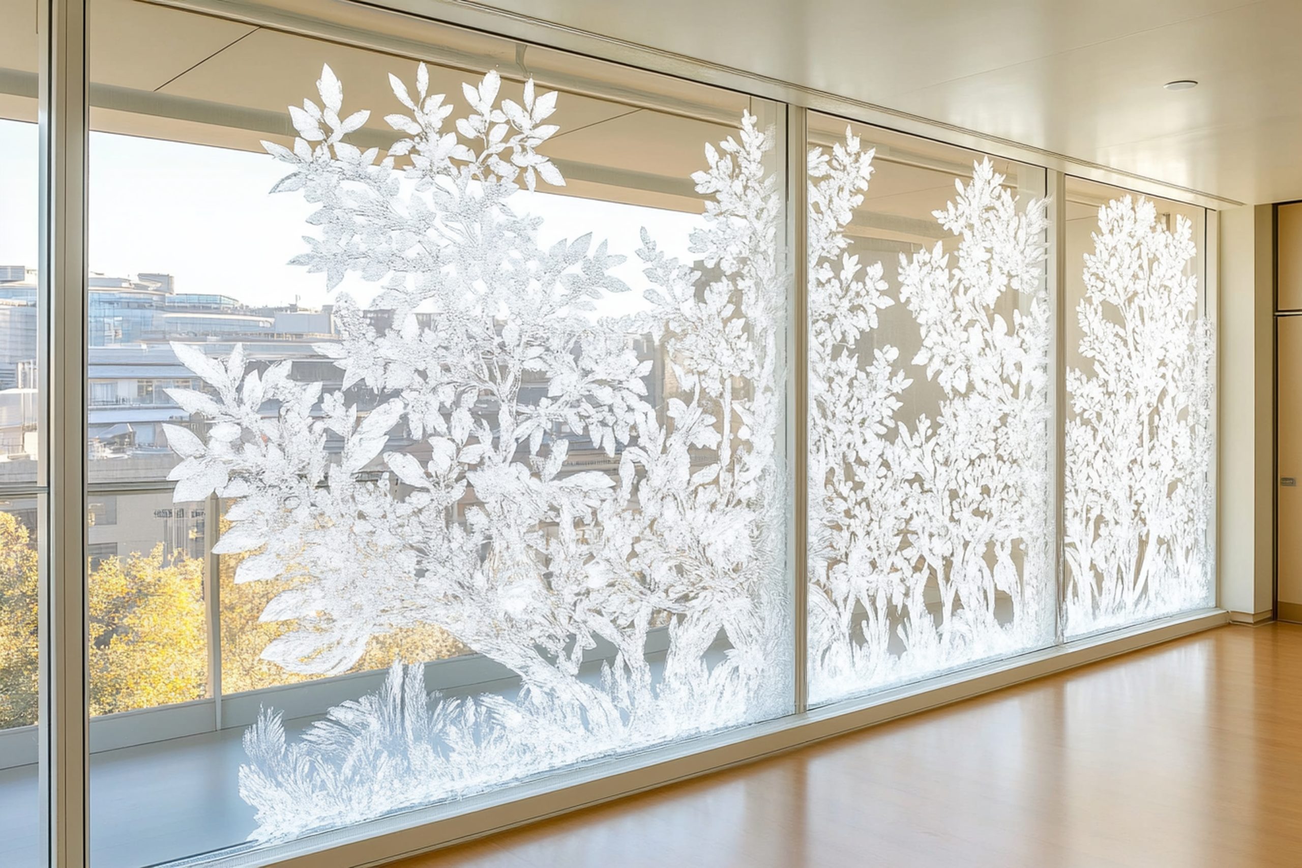 A large window adorned with delicate white paper flowers, creating a bright and cheerful atmosphere.