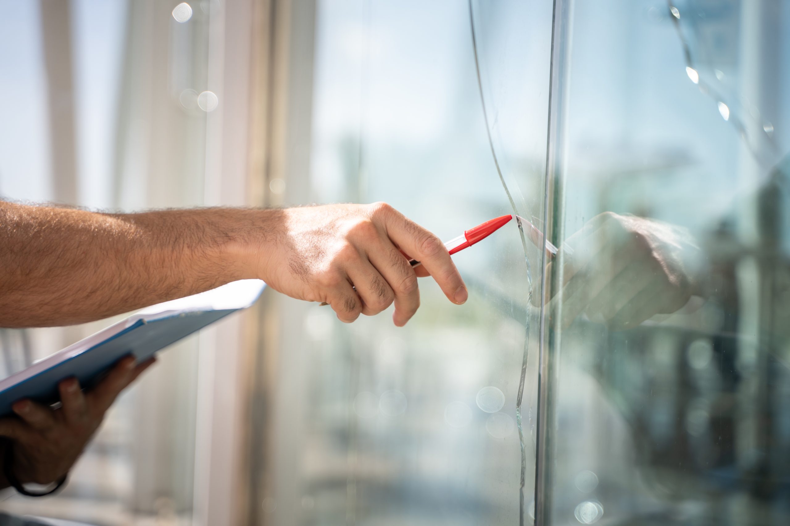 A person's hand points with a red pen at a crack on a glass surface, with sunlight reflecting. They hold a blue clipboard, suggesting an inspection.